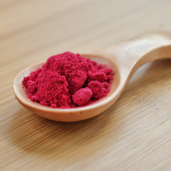 une cuillère en bois remplie de notre Poudre de Canneberge Bio