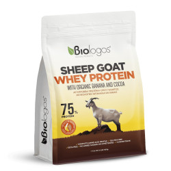 Sheep Goat Whey Protein Banana Cacao 75% 500g pack angled mygreekfarm