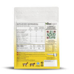 Sheep Goat Whey Protein Banana Cacao 75% 500g back of pack with nutritional values mygreekfarm