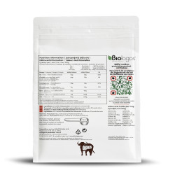 Sachet vue arriere avec valeurs nutritionnelles de proteine de whey de bufflonne chocolat 75 pour cent 500g MyGreekFarm