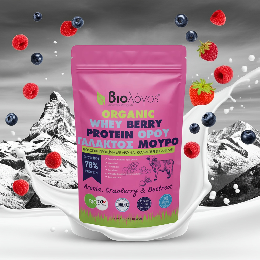 Our Protein berry in an alpine setting with red berry fruits and a splash of milk