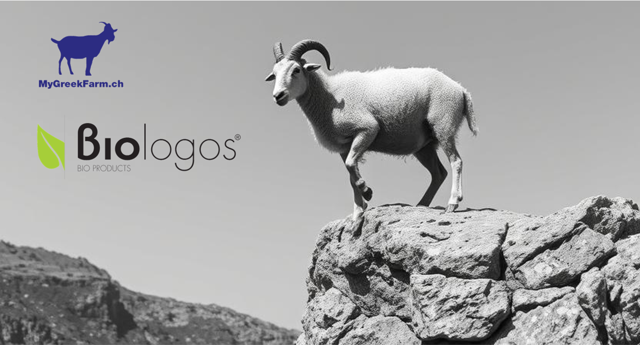 MyGreekFarm and Biologos Logo on a mountainous background with a goat on a rock