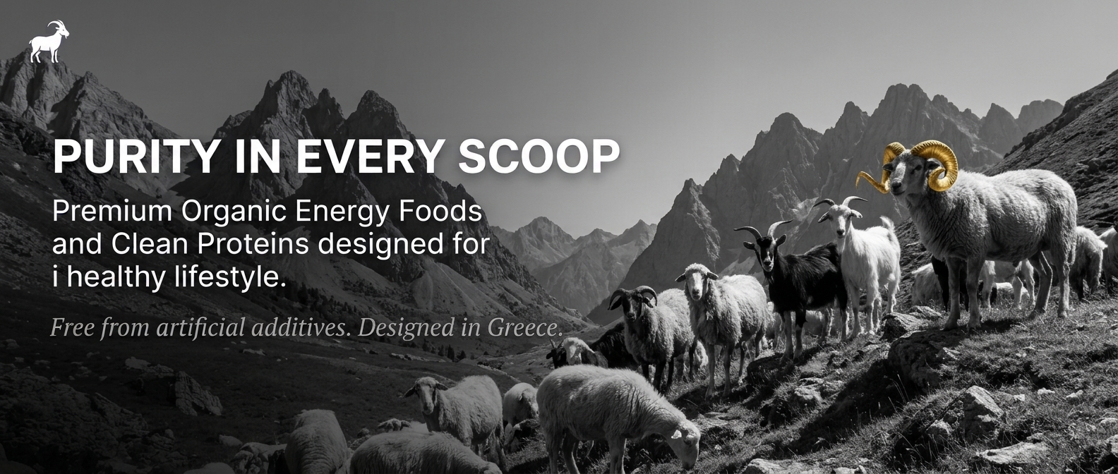 MyGreekFarm and Biologos Logo on a mountainous background with a goat on a rock